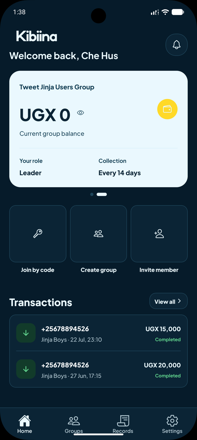 Kibiina dark mode home screen showing a savings group balance