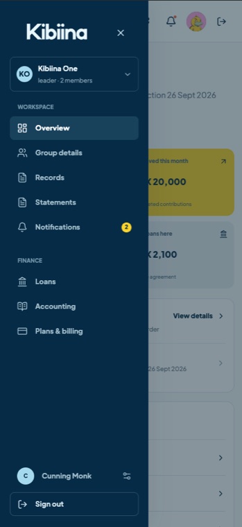 Kibiina mobile navigation with group finance tools